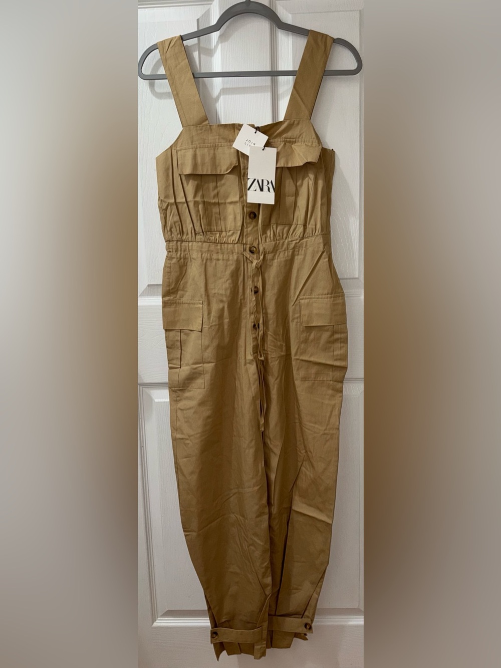 NWT Zara Beige Poplin Cargo Button-Front Jumpsuit Size XS